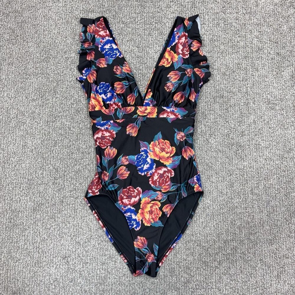 ModCloth Swimsuit Womens XS Floral Ruffle One Piece Plunge V Neck Swim Travel